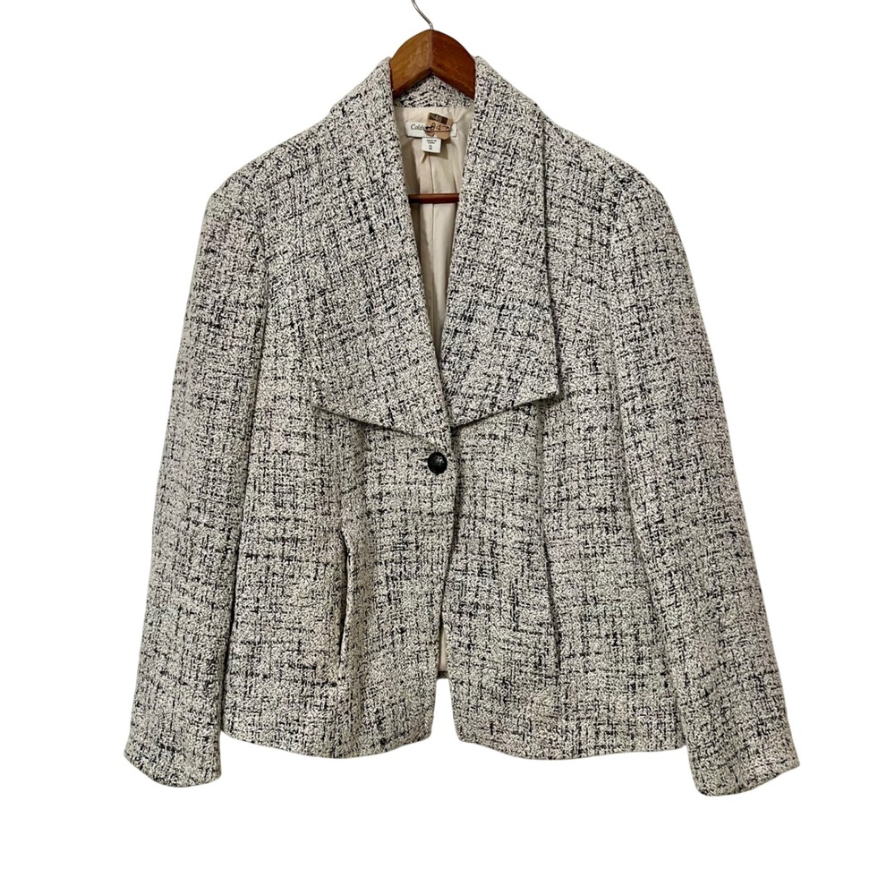 Coldwater Creek Tweed‎ Blazer Women's XL 16 Black White Single Button Pockets
